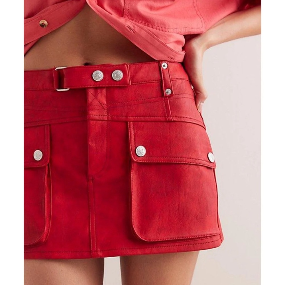 Free People Red Mod Moment Vegan Leather Mini Skirt Size 29
